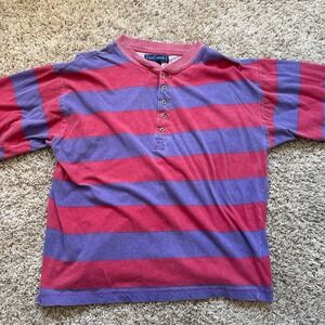 Vintage 90s Shah Safari Striped Henley Shirt - Size Large - Red & Purple